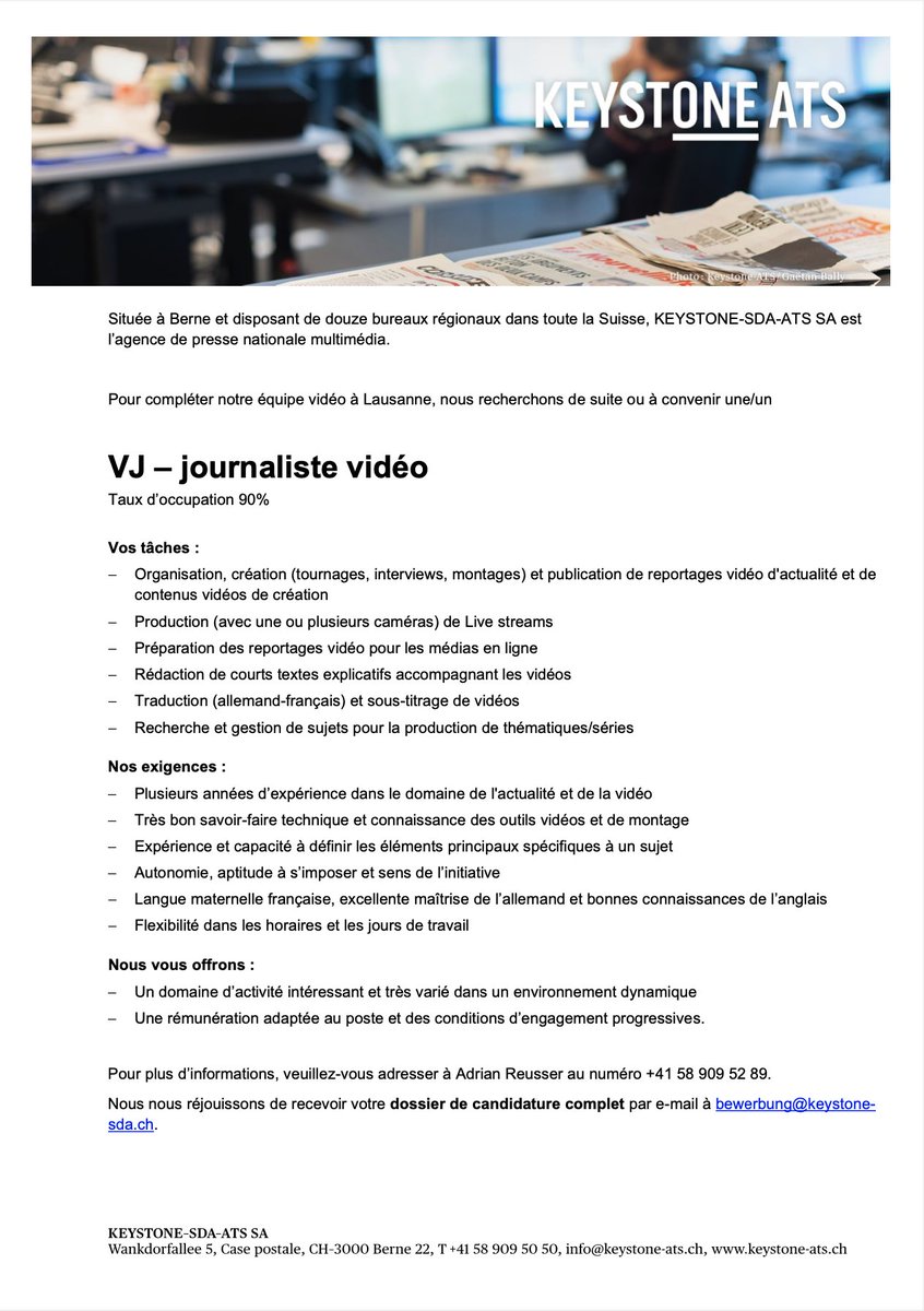 lgillieron's tweet photo. Nous recherchons un.e JRI à Lausanne ! Motivé.e ? Alors postule rapidement ! https://t.co/WMJCDVXVW0