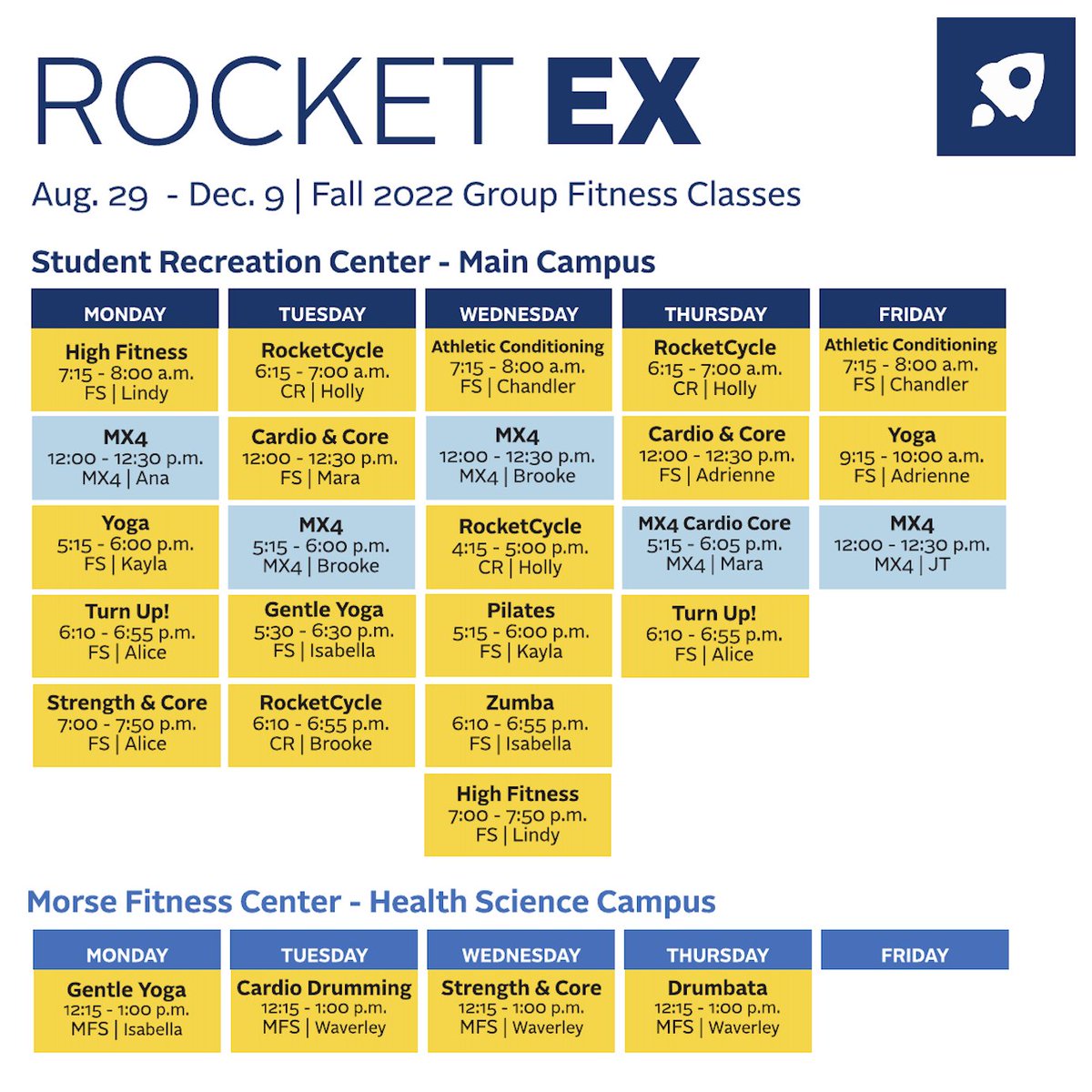 UToledoREC's tweet photo. All smiles for a STACKED RocketEX Schedule! This new lineup of classes kicks in on Monday and we can't wait to see you there. All classes are FREE for full-time students and Rec members! 🚀
#RocketEX #UToledoRec #GoRockets https://t.co/FIQamK64XE