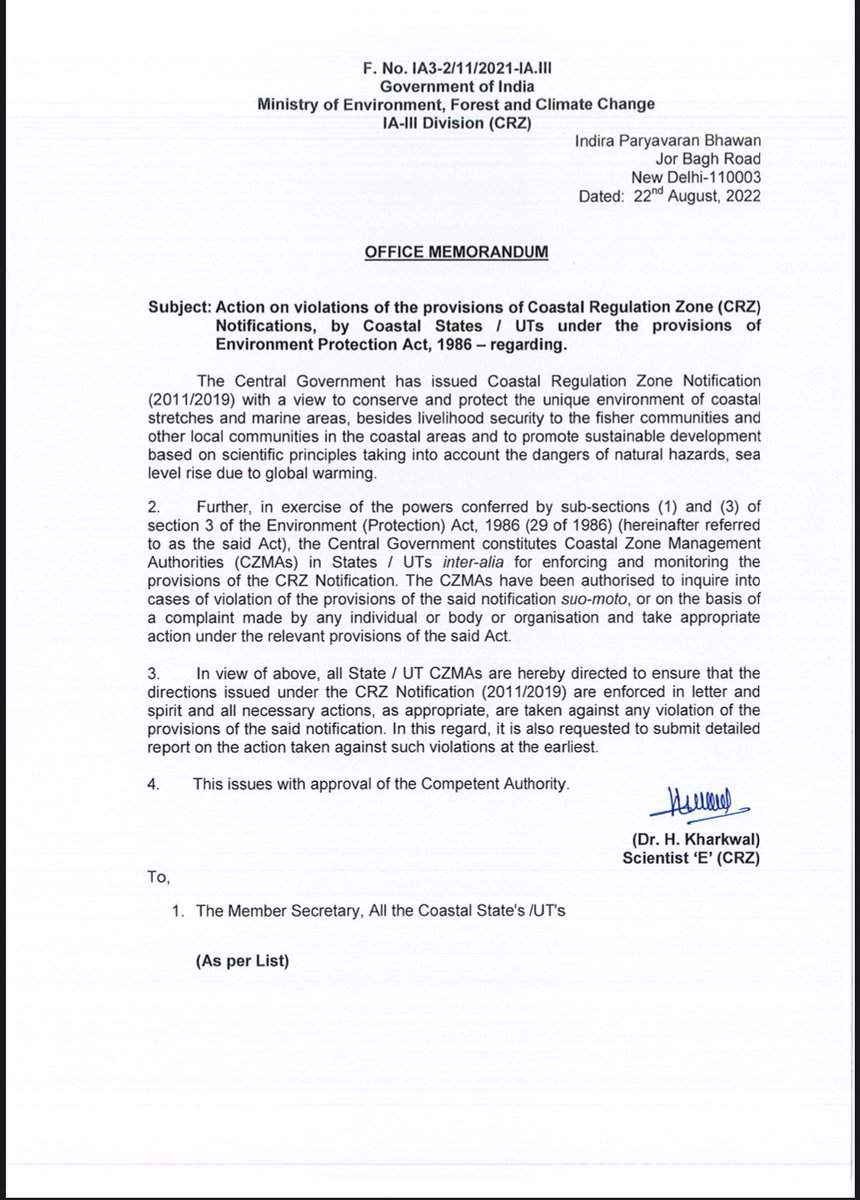 Poojixx's tweet photo. MoEFCC passes an OM directing State Coastal Zone Management Authorities to enforce the #CRZNotification &amp; take action on violations. Section 6(c) of the #CRZ2011 mandates that SCZMAs are primary authorities on enforcement and monitoring. Why are OMs merely repeating the mandate? https://t.co/m72Bto9xeW
