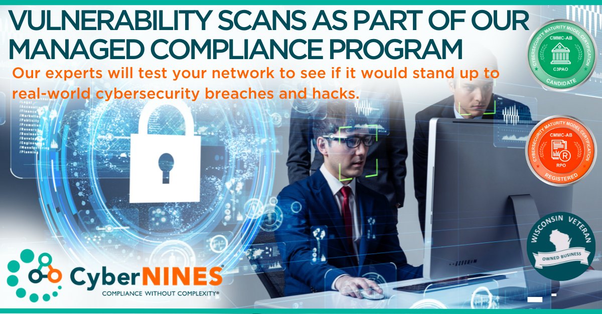 We do #vulnerabilityscan s as part of our managed compliance program.  Our experts at #CyberNINES® will test your network to see if it would stand up to real-world #cybersecurity breaches and hacks. 
A #CMMC and NIST SP 800-171 #Compliance Company