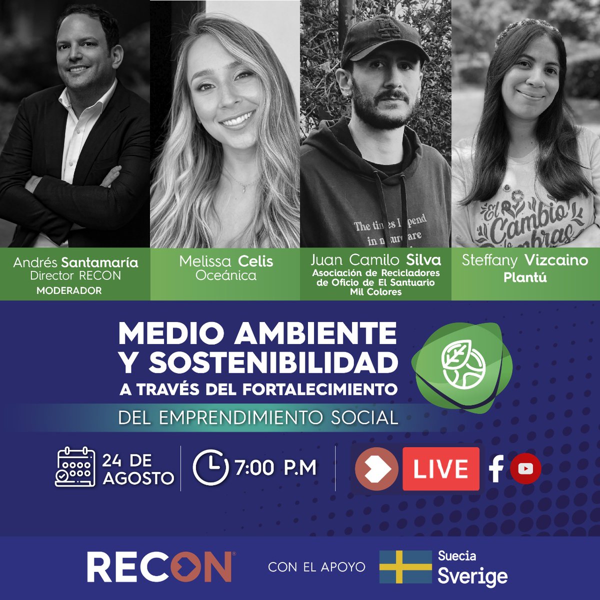 Recon_Col's tweet photo. 🚨 #RECONLive 🌍"Medio Ambiente y Sostenibilidad a través del fortalecimiento del Emprendimiento Social" un espacio de diálogo con los jóvenes emprendedores sociales finalistas de la V Convocatoria RECON Colombia para el fortalecimiento del modelo de negocio social en el país👏♻️ https://t.co/73AEhyhYRx
