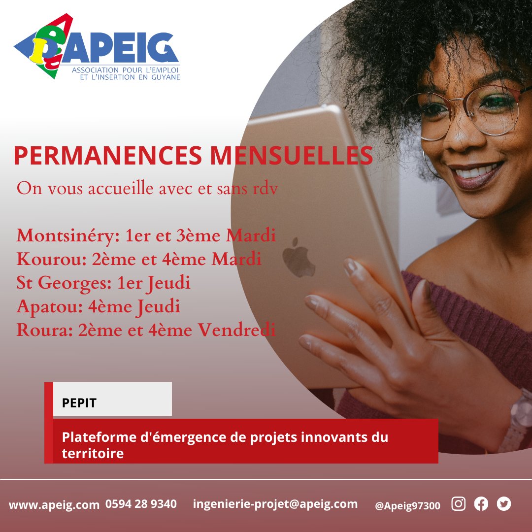 Apeig973's tweet photo. L'APEIG vous accompagne dans le montage de vos projet. On vous accueille sans rdv sur nos lieux de permanences et avec rdv à Cayenne. #guyane #entreprises @CCIGUYANE @CmaGuyane @Prefet973 @CTdeGuyane @CACL_GUYANE @CCOuestGuyane @Tlechatvega @AVEmploi https://t.co/tumFSy2g5Q