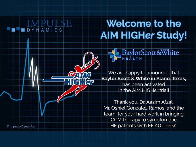 AIM HIGHer Study (@aimhigherstudy) on Twitter photo Announcing the activation of <a href="/bswhealth/">Baylor Scott & White Health</a> in the #AIMHIGHer study! Thank you, Dr. Aasim Afzal, Osniel Gonzalez Ramos, and the team, for your hard work in bringing CCM therapy to symptomatic HF patients with EF 40 – 60%.
#epeeps #HFpEF #CCM #HeartFailure #clinicalstudy #cardiology Announcing the activation of <a href="/bswhealth/">Baylor Scott & White Health</a> in the #AIMHIGHer study! Thank you, Dr. Aasim Afzal, Osniel Gonzalez Ramos, and the team, for your hard work in bringing CCM therapy to symptomatic HF patients with EF 40 – 60%.
#epeeps #HFpEF #CCM #HeartFailure #clinicalstudy #cardiology