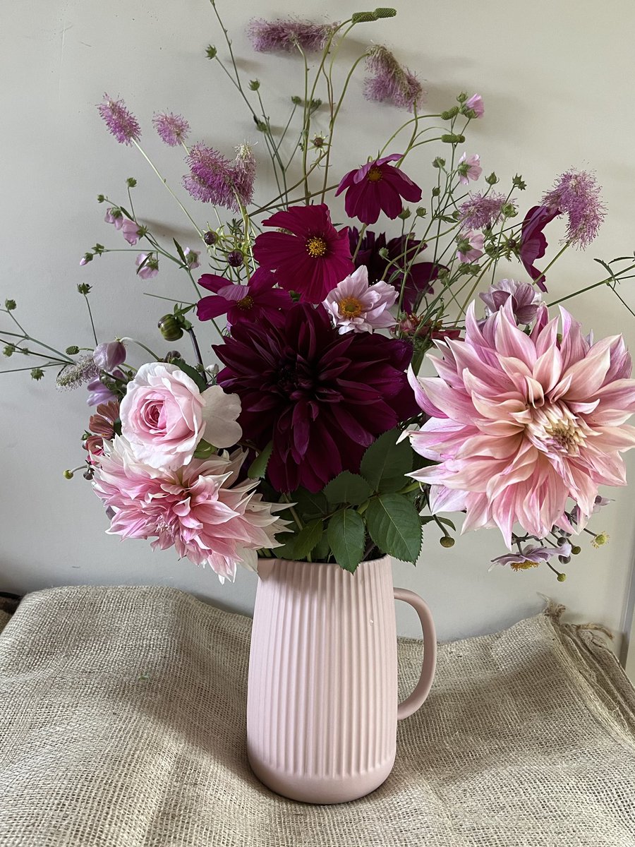 FrankieDev's tweet photo. Week 34 of #somethinginavase sees a new jug from @gardentrading sale filled with dahlias, cosmos, zinnias, althaea cannabina and sanguisorba. https://t.co/5ZBLXLcrxq
