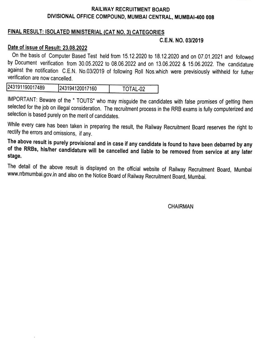 #RESULT 

CEN 03/2019

MINISTERIAL AND ISOLATED CATEGORIES

CLICK HERE TO VIEW FINAL RESULT  FOR CAT NO. 3