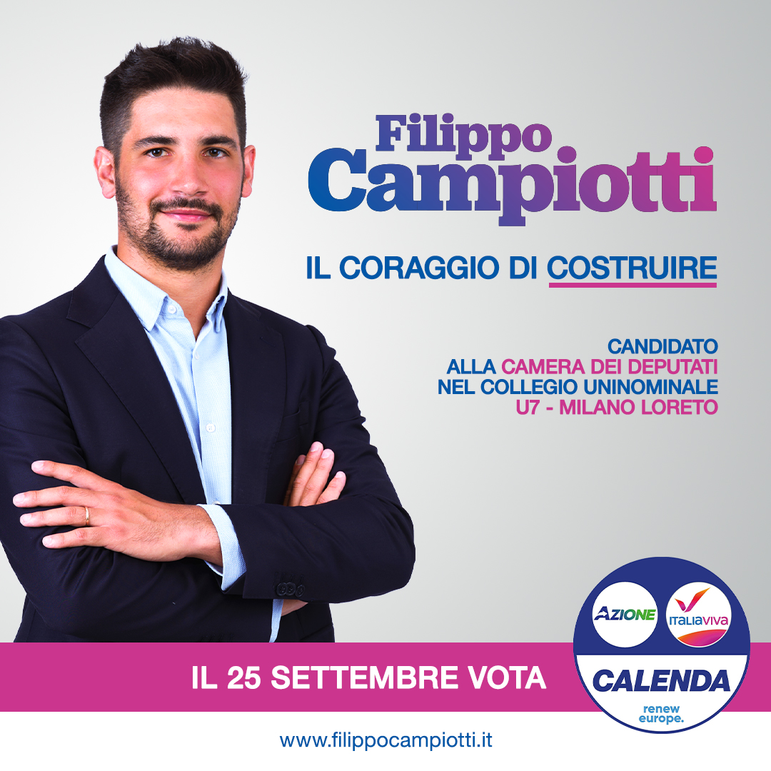 Ci siamo! Sono con orgoglio il candidato all’uninominale U07 di Milano-Loreto
Inizia un viaggio da qui a domenica 25 settembre e oltre.
Se vuoi darci una mano: elezioni@filippocampiotti.it
In pochi possiamo fare tanto. Ma solo insieme possiamo andare lontano!
#italiasulserio