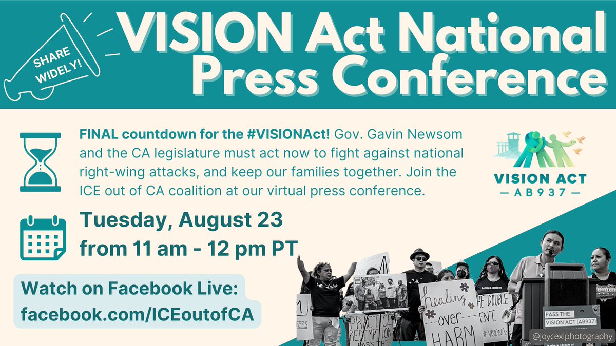 iceoutofca's tweet photo. TODAY @ 11 am PT: Join us LIVE at the #VISIONAct press conference featuring @DoloresHuerta and a multi-state alliance of leaders discussing the national urgency of passing this landmark bill. Gov. @GavinNewsom can champion the #VISIONAct now to keep families together! https://t.co/n1dwwMspez