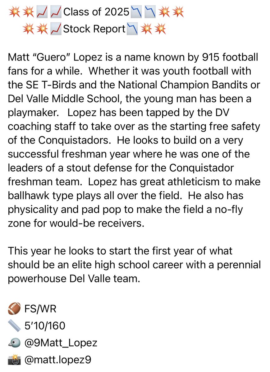 915Footballblog's tweet photo. Stock Report for @DVFootballOFOD 2025 Free Safety @9matt_lopez https://t.co/kQjW1joXBS