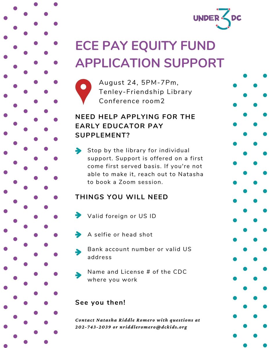 Need help applying for the Early Educator Pay Supplement? Stop by the Tenley-Friendship Library Wednesday, August 24 for application support. See flyer for details. #Under3DC #PayEquityFund