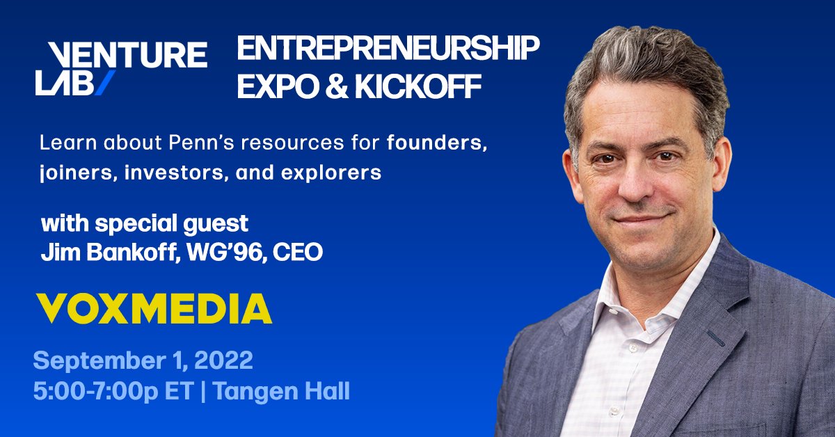 Looking forward to speaking with Jim <a href="/Bankoff/">Jim Bankoff</a>, CEO of @VoxMedia at <a href="/vntrlab/">Venture Lab</a>'s Entrepreneurship Expo and sharing what we are doing to help the <a href="/Penn/">Penn</a> community solve social challenges through entrepreneurship
Register: whr.tn/vlabexpo22

#entrePENNeur #Venture #vlabexpo22