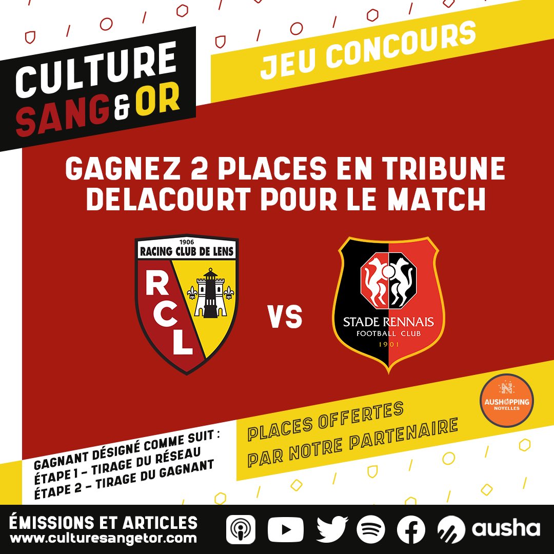 CultureSangEtOr's tweet photo. [Jeu concours | 🎁]

AuShopping, partenaire officiel du #RCLens vous offre 2 places pour #Lens - Rennes ! 

Pour participer :
➡️ Suivez @CultureSangEtOr
➡️ RT + mentionnez un ami en commentaire

🏆 TAS et annonce du gagnant le 25/08/2022

Bonne chance ! 😉

#RCLSRFC 🔴🟡 https://t.co/ep4cZAjbcH