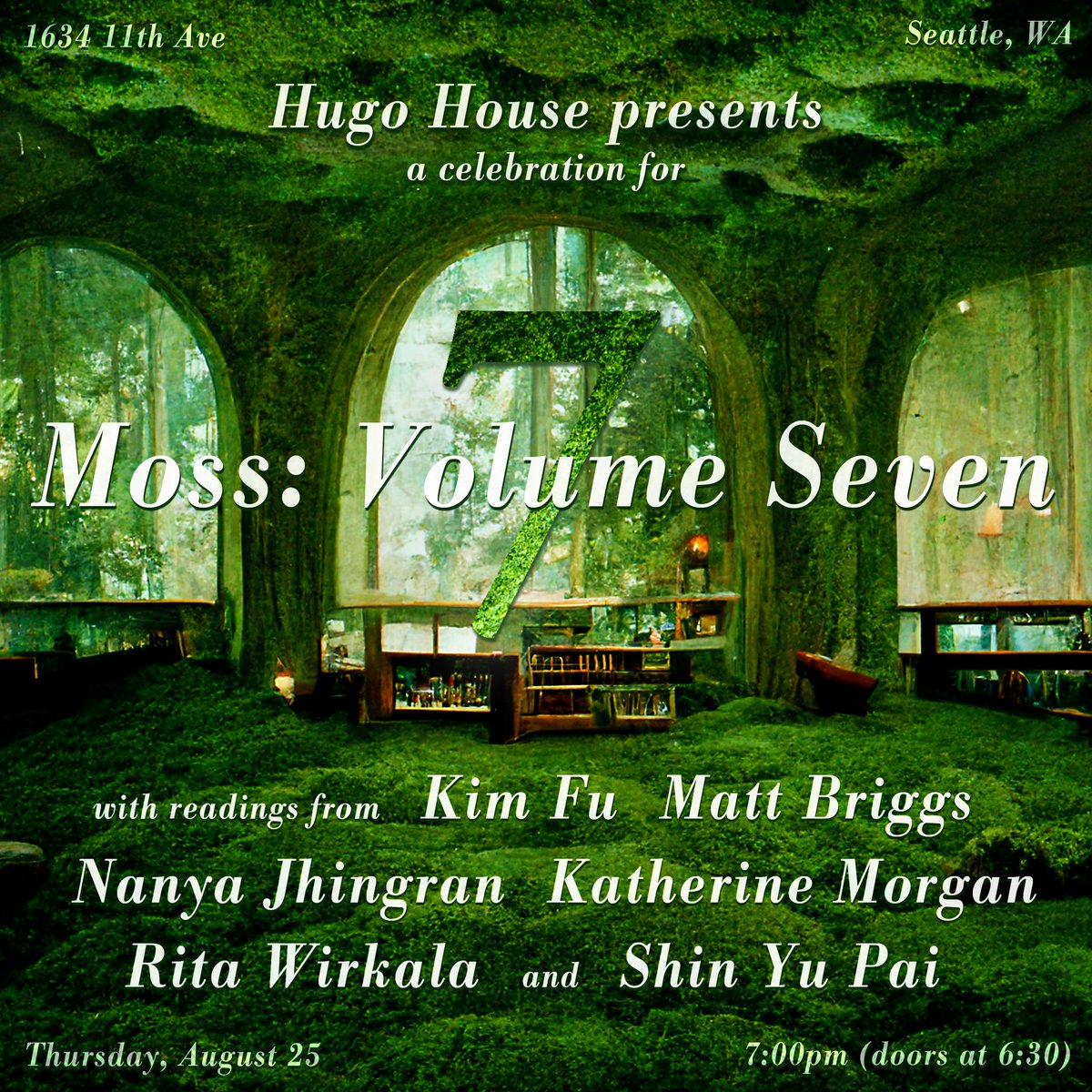 I'll be reading Thur at 7 pm from a new story at <a href="/HugoHouse/">Hugo House</a> from <a href="/mosslitmag/">Moss</a> #7.  I look forward to hearing Kim Fu, @not1ofurbiznes, <a href="/shinyupai/">Shin Yu Pai (白 欣玉)</a>, <a href="/RitaWirkala/">Saladeu</a>, and <a href="/blktinabelcher/">Katherine D. Morgan (she/her) 🍉</a>. If you're in Seattle, I hope to see you there.
 hugohouse.org/event/moss-lau…