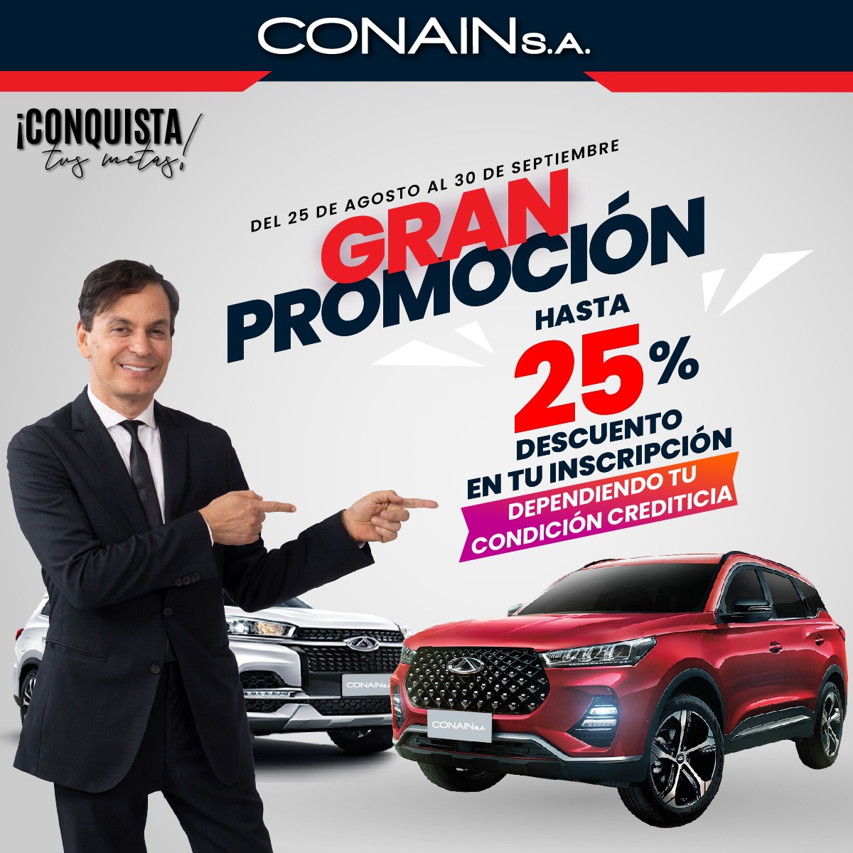 ConainSA's tweet photo. 🚨 Promoción imperdible 🚨
El auto que tanto quisiste esta listo para ti.Te esperamos desde el 25 de agosto hasta el 30 de septiembre con una gran promoción del 25% de #descuento en tu inscripción. 🙂
😊 Planes que son pensados en ti en tu familia. #CONAIN #ConquistaTusMetas https://t.co/G1sqbWQqd2