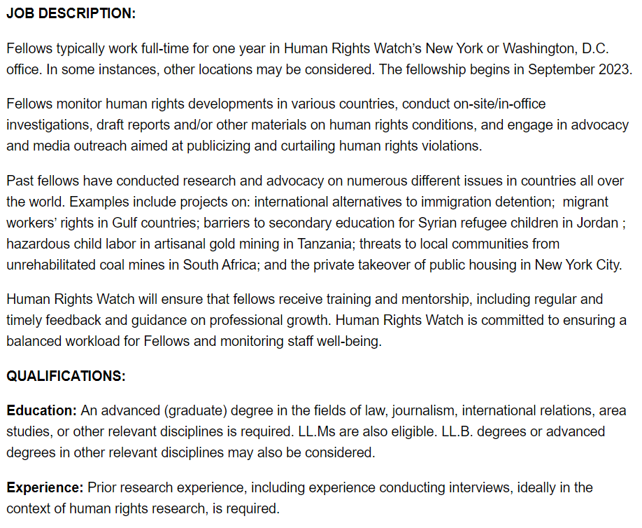 One of the best early career positions at Human Rights Watch is now open for applications: our annual fellowship for recent graduates with advanced degrees (e.g. Masters, LL.B, LL.M, PhD) from anywhere in the world🌍🌏🌎: boards.greenhouse.io/humanrightswat…
#humanrightsjobs