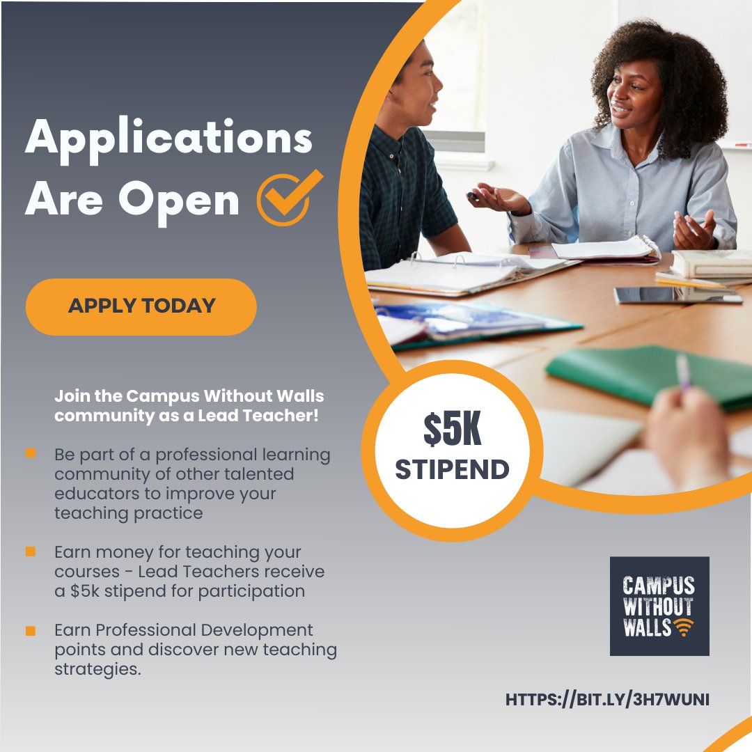 teachplusMA's tweet photo. Campus Without Walls (CWW) is an educational initiative that leverages the power of public schools and technology to promote greater equity, access, opportunity, and liberation for students and under-resourced students. Are you a middle of HS teacher? Apply to be a part of CWW! https://t.co/0pGkYFmuQw