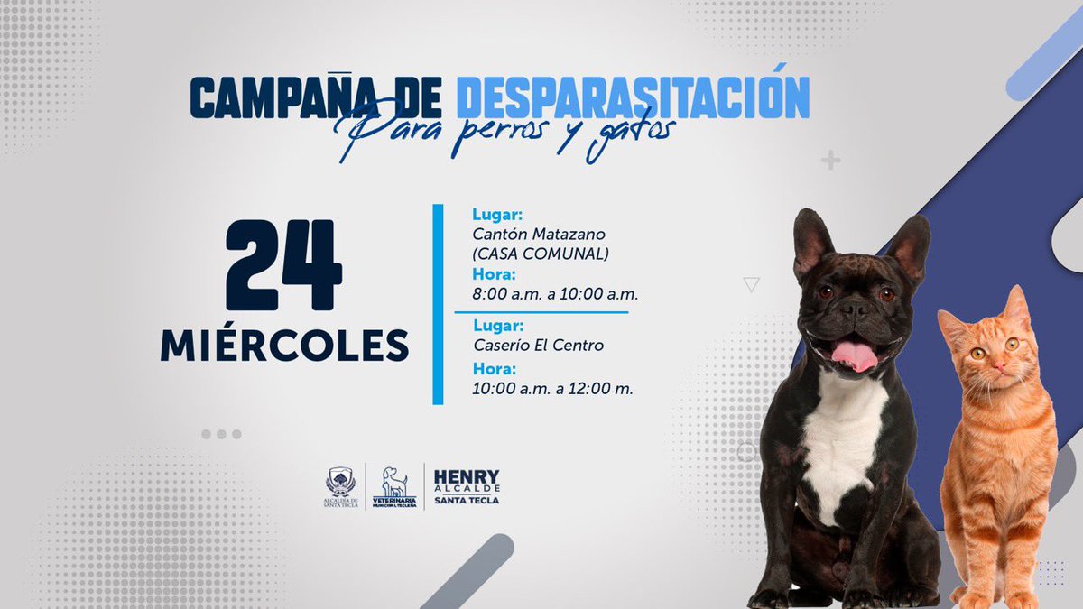 Mañana GRAN CAMPAÑA de desparasitación para perros y gatos.🐶🐱

📍 Casa comunal cantón Matazano
🕗 8:00 a.m.

📍 Caserío El Centro
🕗 10:00 a.m.

¡Los esperamos!