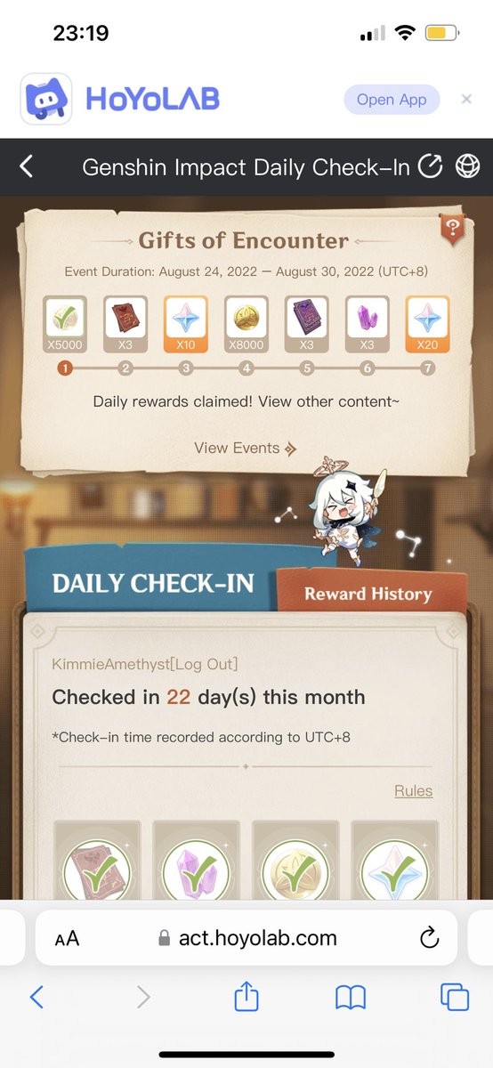 GenshinUpdate's tweet photo. "Gifts of Encounter", a small event daily checkin on HoYoLab website 
▶️ https://t.co/2Q3UYb641p
#GenshinImpact #原神 https://t.co/NhC1YpdZEL
