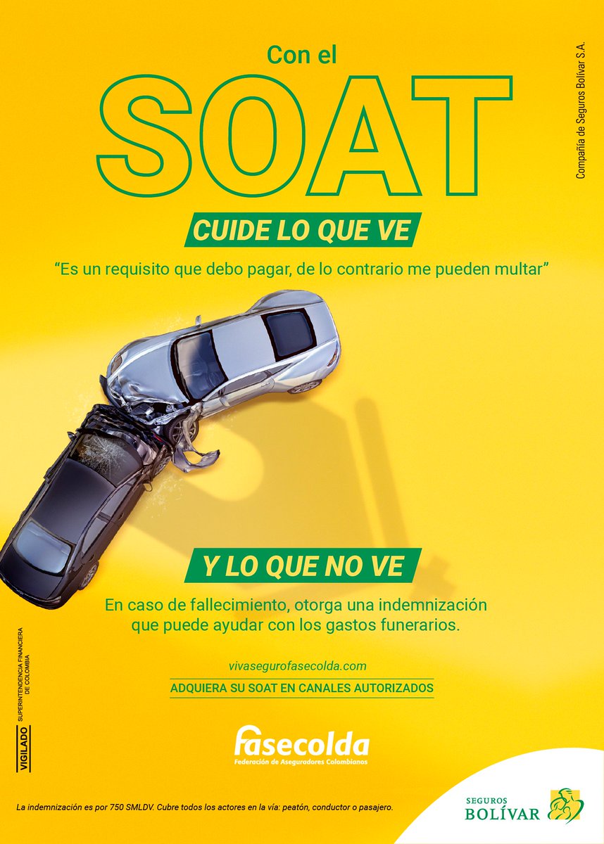 SegurosBolivar's tweet photo. ¿No sabe qué cubre el #SOAT? 🤔Conozca todo sobre la póliza del Seguro Obligatorio de Accidentes de Tránsito en ➡️https://t.co/rkbB8drZ2t
#LoQueVes #LoQueNoVes @FasecoldaOficia https://t.co/jzfazu5IuR