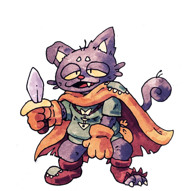 Ronan, the cait sith rogue! he's a lazy guy who'd rather take a cat nap than fight. his secret technique is throwing kitty litter from the satchel on his waist to blind opponents #fantasyart #characterdesign #oc 