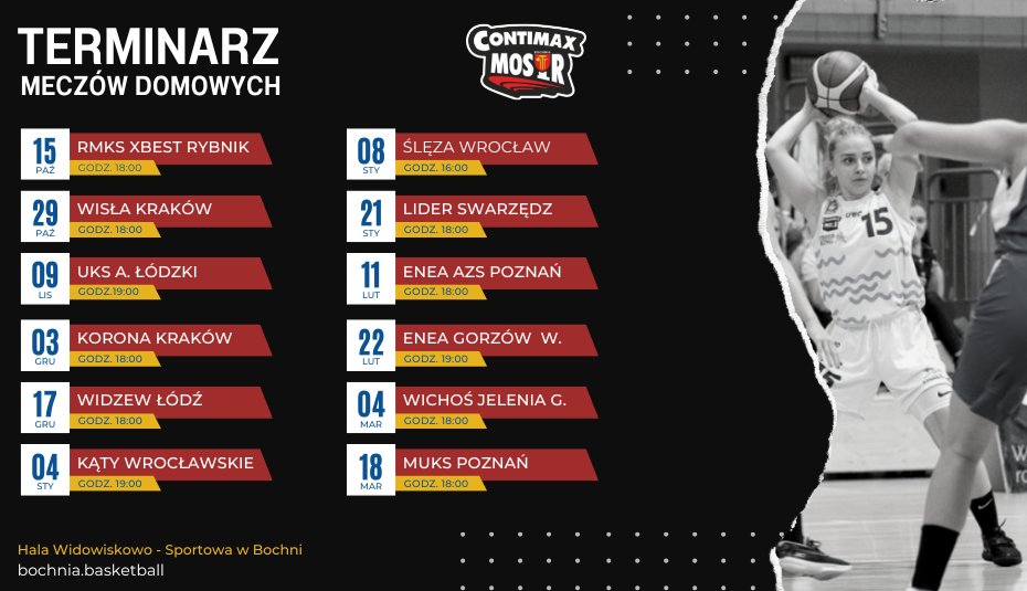📅 Sezon ligowy zainaugurujemy w Hala Widowiskowo-Sportowa w Bochni 15 października o godzinie 18:00. Podopieczna Małgorzaty Misiuk i Tomasza Orlickiego zmierzą się wtedy z RMKS Xbest Rybnik.

zobacz więcej 👉 bit.ly/Terminarz_mecz…