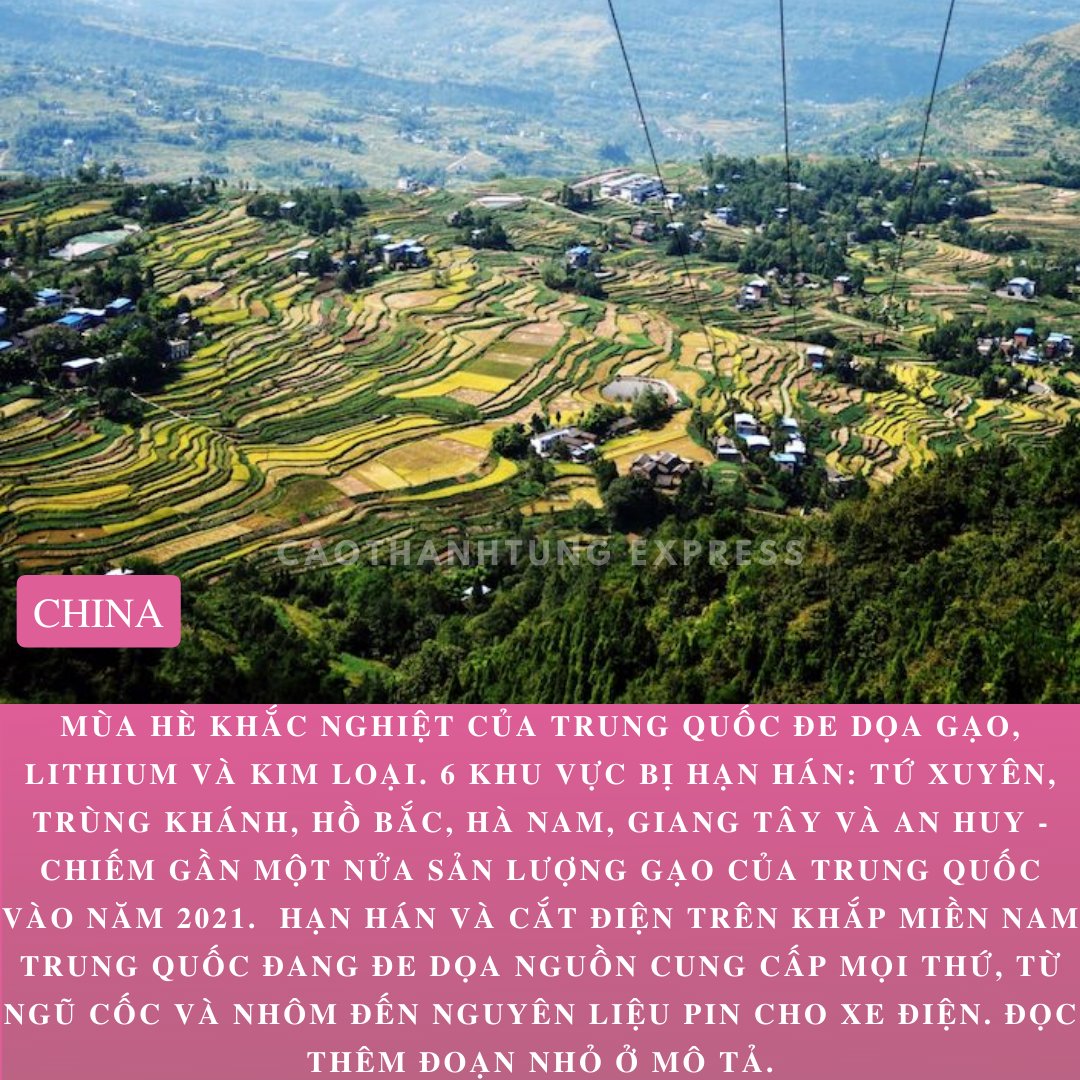 ecttvn's tweet photo. 🇨🇳 Tứ Xuyên kéo dài thời gian cắt điện công nghiệp do đợt nắng nóng gay gắt nhất kể từ năm 1961 làm cạn kiệt các hồ chứa được sử dụng cho thủy điện. Các khu vực khác dọc theo sông Dương Tử cũng đang phải đối mặt với nhiệt độ khắc nghiệt. #china https://t.co/GAuTBJ7K9C