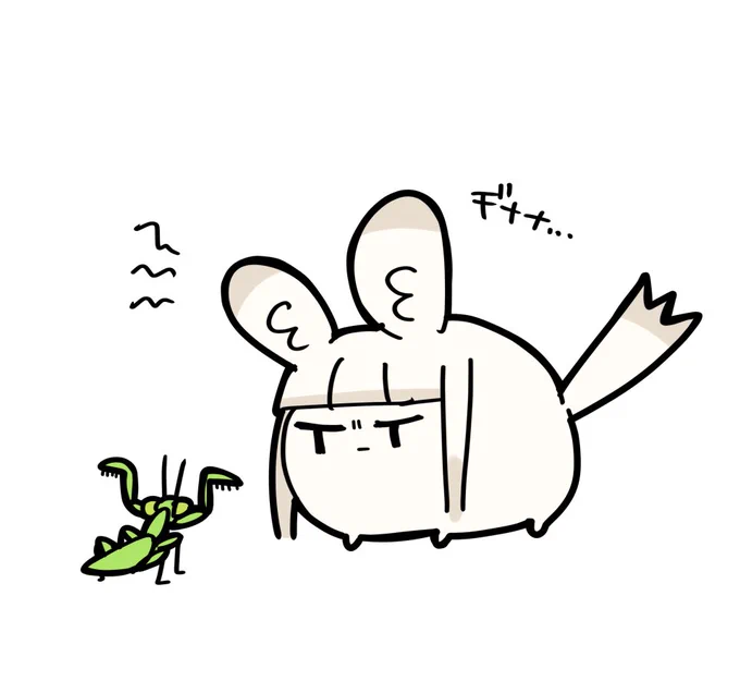 一番のお気に入りはこれかもしれない、カマキリに威嚇をするプラチナちゃん(カマキリに威嚇をするプラチナちゃん…??) 
