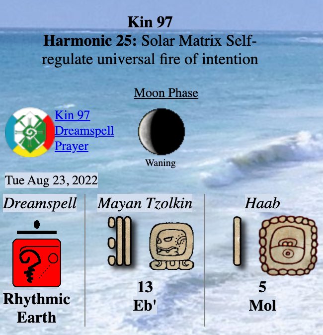 Tex369X's tweet photo. Tuesday 8.23.2022 - #Kin97
Long Count 0.0.9.14.12
moon:2 day:1

#REDRHYTHMICEARTH

I organize in order to evolve
Balancing synchronicity
I seal the matrix of navigation
With the rhythmic tone of equality
I am guided by my own power doubled https://t.co/rvK9gBufpi