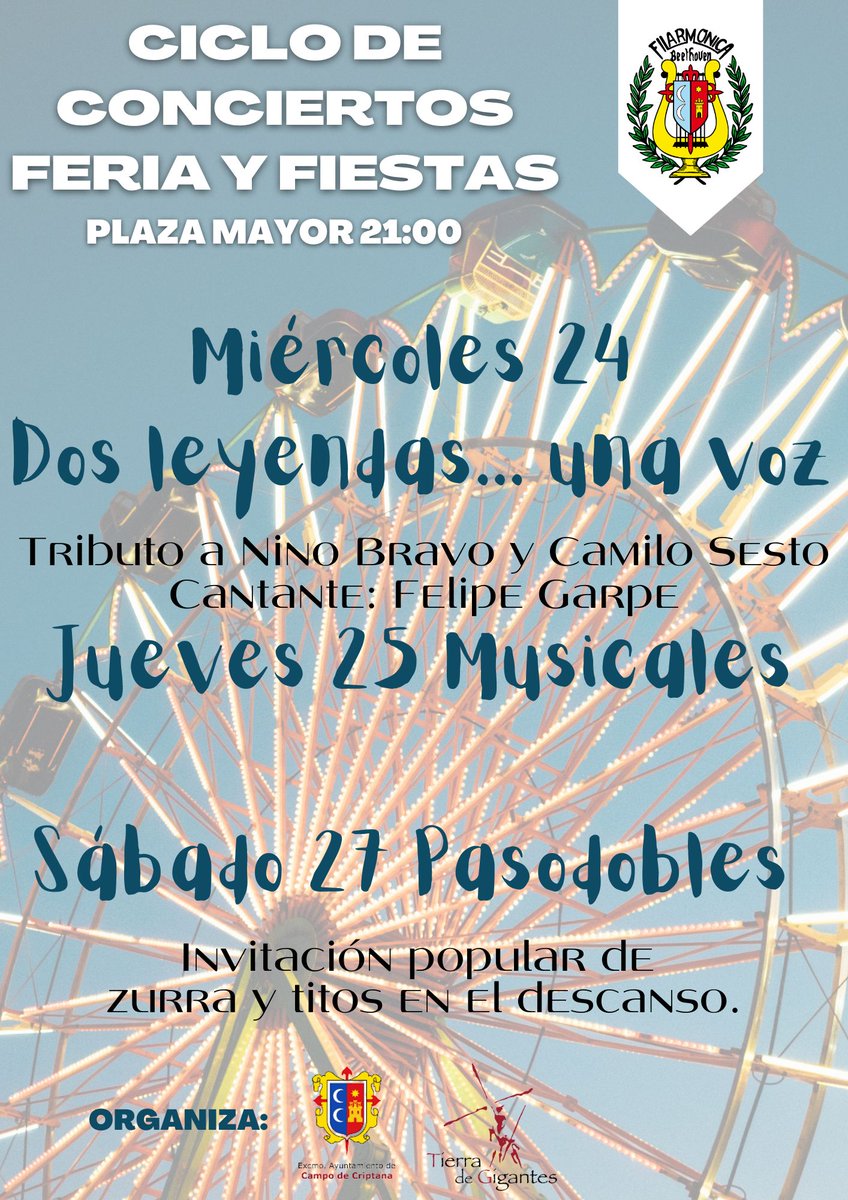 BMFB_'s tweet photo. 🎶 Presentamos el Ciclo de conciertos de esta Feria y Fiestas🎡. Tres conciertos que esperamos que disfrutéis tanto como nosotros.

Serán a las 21:00 en la Plaza Mayor ¡Feliz Feria y Fiestas! 🎉 https://t.co/3fDblxs12n