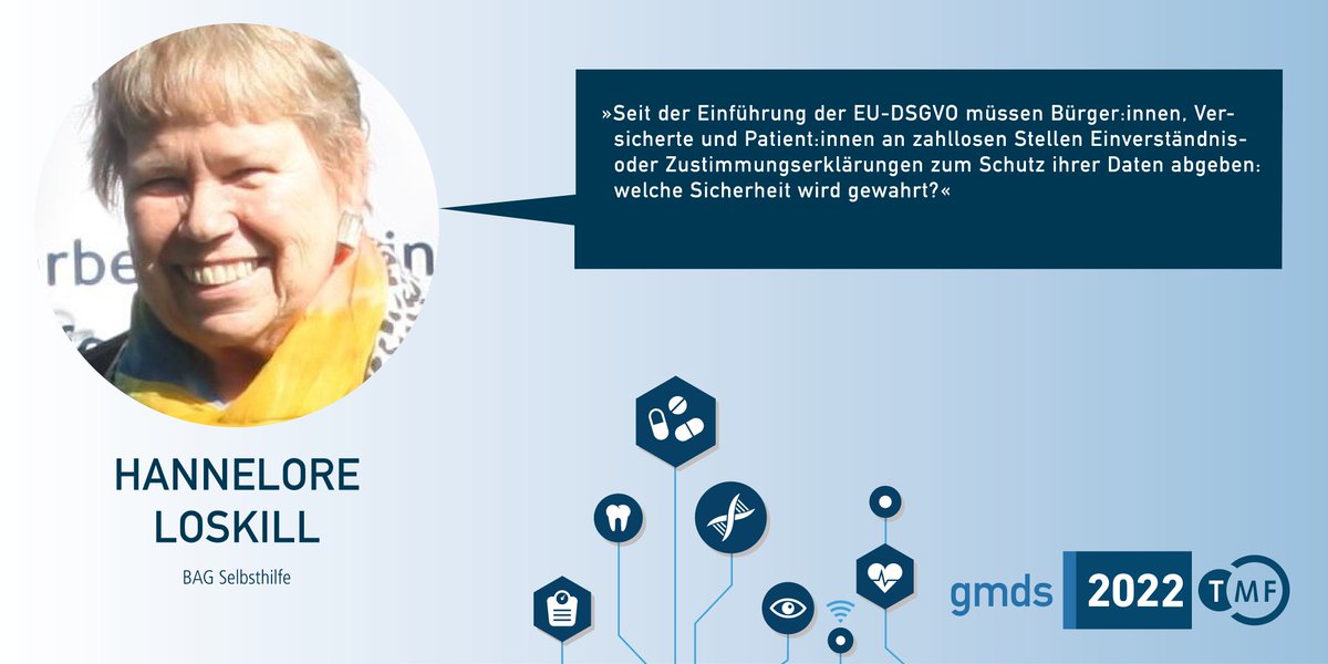 TMF_eV's tweet photo. Hannelore Loskill, BAG Selbsthilfe, fordert mehr Aufklärung für Patientinnen und Patienten über die Datennutzung für medizinische Forschung. Forschung ohne Patienten ist nicht möglich! #gmdsTMF2022 https://t.co/eZdFkS3Iiv