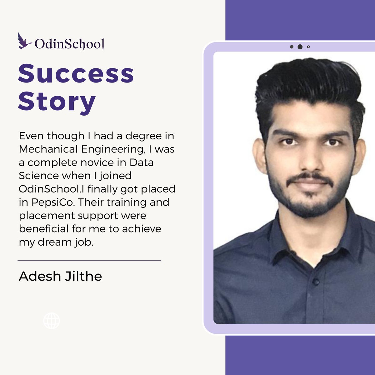odin_school's tweet photo. Congratulations Adesh! We wish you the best for your future at PepsiCo. 

Join OdinSchool to re-invent your career- https://t.co/KpbuD91Jbe

#OdinSchool #datascience #success #datascientist #dataanalyst #dataengineer #datascientist #datascientists #datasciencejobs https://t.co/5UGbTGgDQP