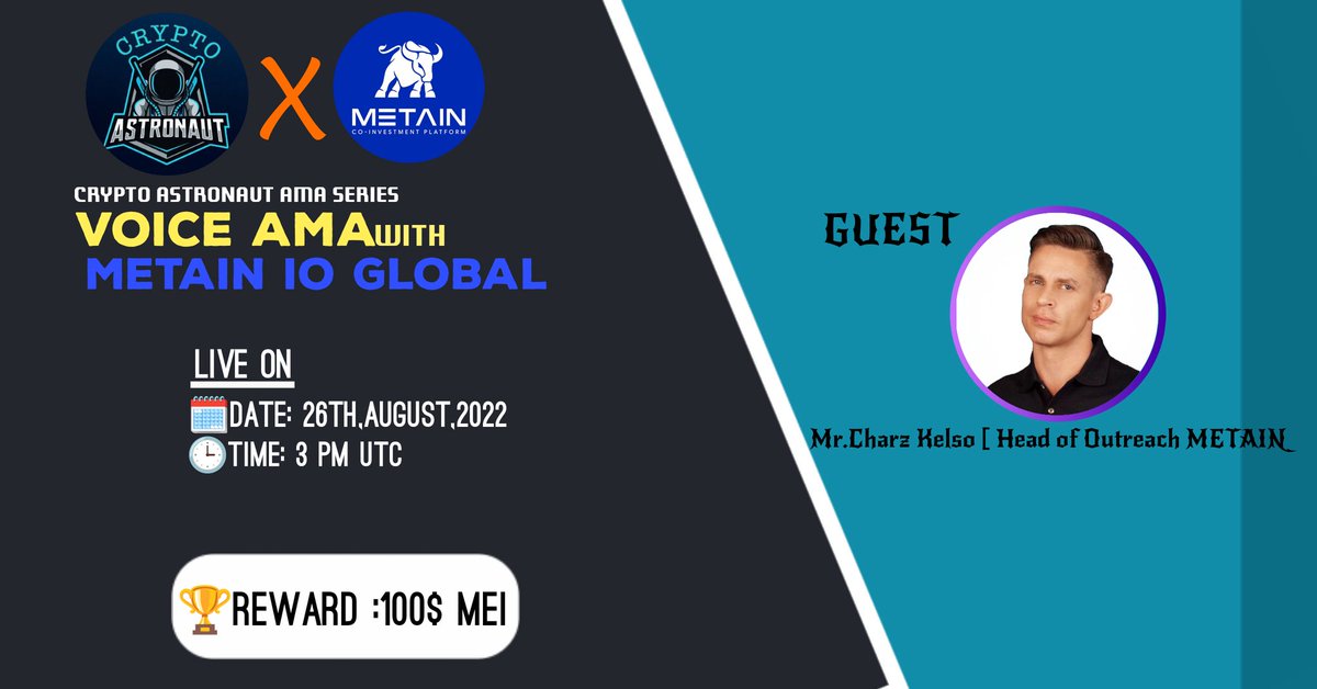 CryptoAs_TW's tweet photo. 📢 We're thrilled to announce our next #AMA with Metain io Global on 26th August at 3:00PM UTC
 
🏦Venue:@CryptoAstronaut1
🏅🏆 Reward Pool: $100[MEI]

〽️ Rules:
✅ Follow @CryptoAstronuat &amp; @METAINio
✅ Like &amp; Retweet
✅ Comment Your Questions &amp; Must Like,Retweet &amp; Follow. https://t.co/0Asl3xP1fk
