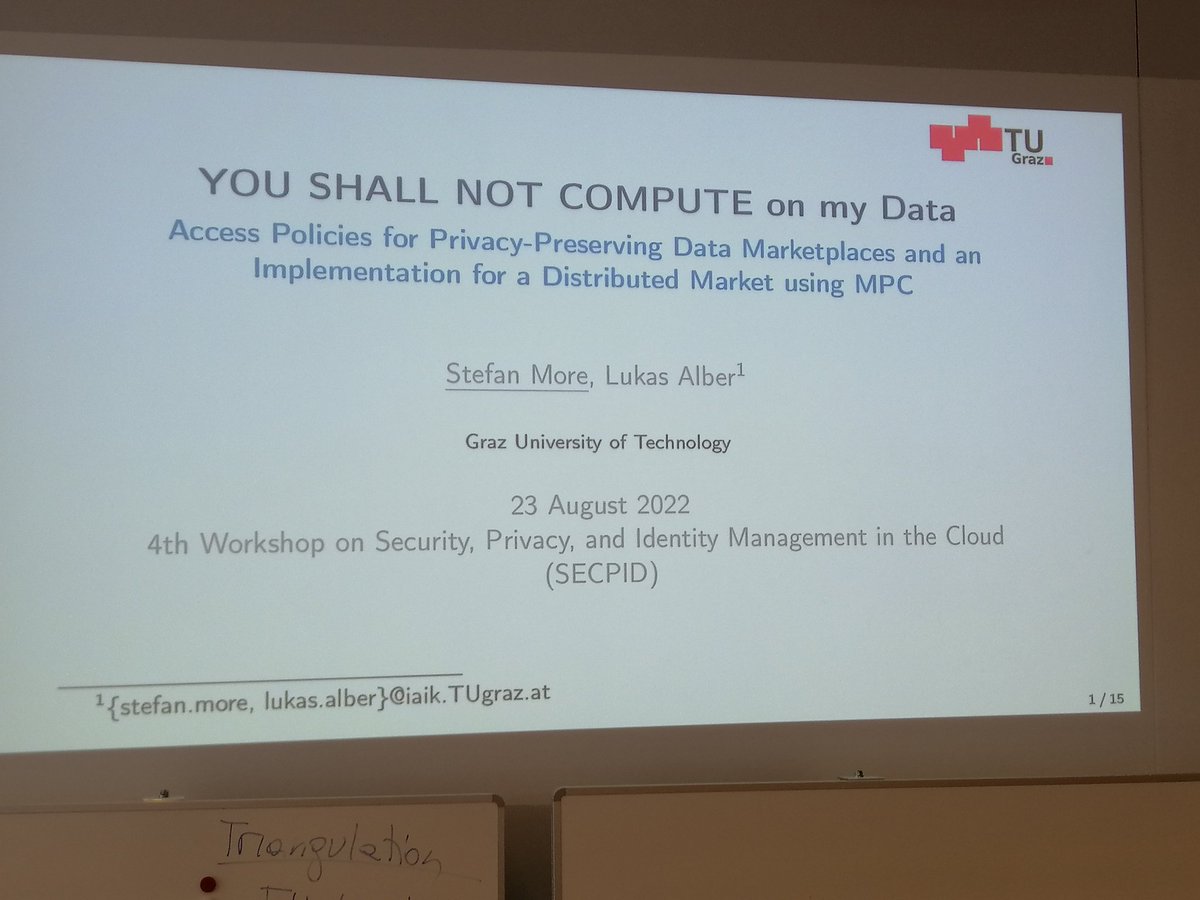 Sebastian Ramacher (@sebastinas_) on Twitter photo The second session of the SECPID workshop at <a href="/ARES_Conference/">ARES Conference</a> has been kicked off with a talk by <a href="/stefanmore/">Stefan More | @stefan@infosec.exchange</a> on access policies for the <a href="/KrakenH2020/">KRAKEN H2020</a> marketplace. The second session of the SECPID workshop at <a href="/ARES_Conference/">ARES Conference</a> has been kicked off with a talk by <a href="/stefanmore/">Stefan More | @stefan@infosec.exchange</a> on access policies for the <a href="/KrakenH2020/">KRAKEN H2020</a> marketplace.