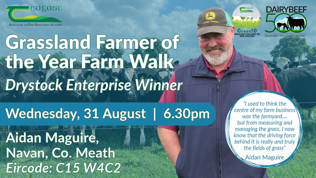 Aidan Maguire, Navan, Co. Meath is the 2021 Drystock Grassland Farmer of the Year. He joined his local <a href="/TeagascGrass10/">TeagascGrass10</a> group on advice of local advisor and the Dairy-calf to beef programme three years ago. Find out more by attending his walk on 31 August. bit.ly/3vsWx2v