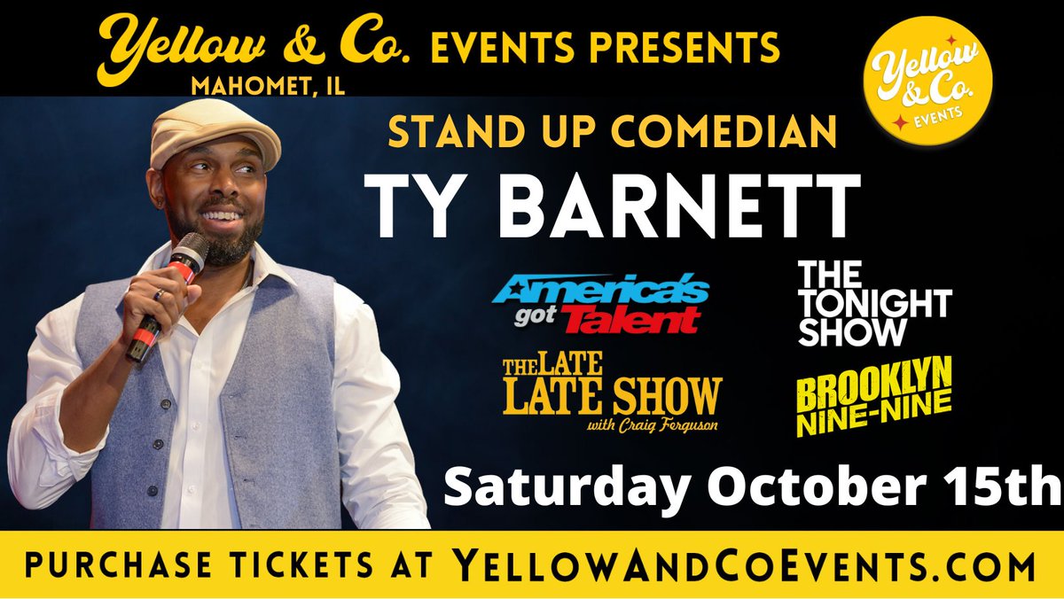 Just announced! Comedian Ty Barnett will be performing at Yellow &amp; Co. in Mahomet! Another big big show for us! Ty has appearned on AGT, The Tonight Show, Conan, Late Late Show, appeared on Brooklyn Nine Nine and other sitcoms.  <a href="/yellowandcompa1/">yellowandcompany</a> <a href="/tbarnett23/">Ty Barnett</a>