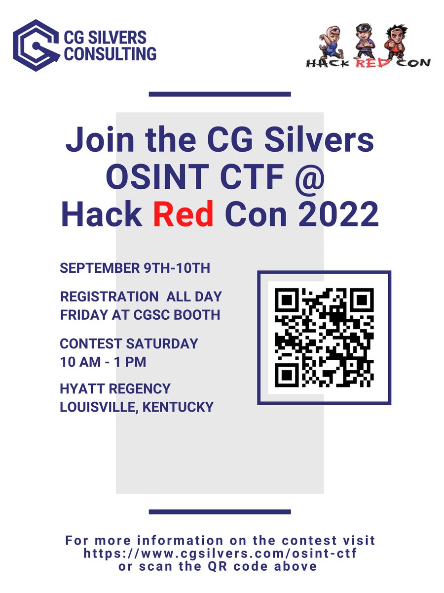 HackRedCon's tweet photo. Hi Folks! @cgsilvers will be hosting their famous #OSINTCTF at #HackRedCon! Exciting prizes awaits you!

Join us now! Visit https://t.co/zZ4dL4jfXD to get started.

For all other information about this event, visit https://t.co/jFbO0SWkr8. https://t.co/AHQRelRaTo