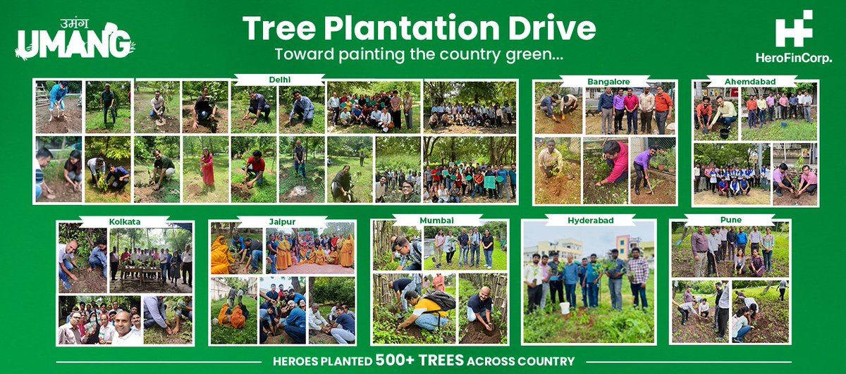 HeroFinCorpLtd's tweet photo. Heroes set out to paint the country green through the tree plantation drive as part of #UMANG - our employee volunteering program. 500 trees were planted across various cities.
#HeroFinCorp #Hero #BuildingBetterTomorrow #PaintTheCityGreen #GreenEarth #TreePlantationDrive https://t.co/ifugpJE6EO