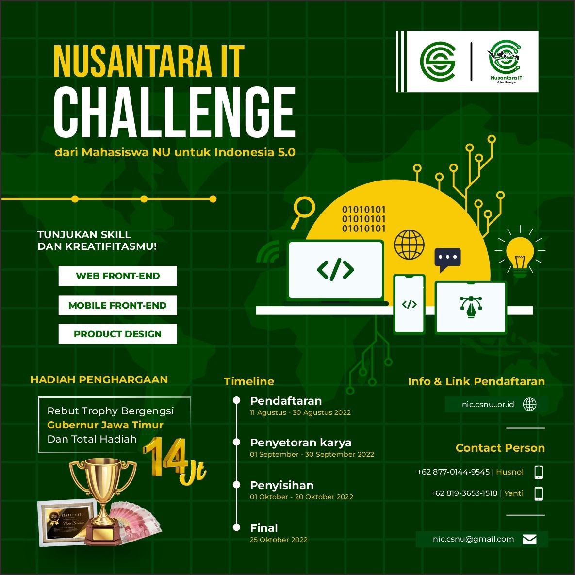 csnuofficial_id's tweet photo. NUSANTARA IT CHALLENGE 
COMPUTER SOCIETY OF NAHDLATUL ULAMA https://t.co/mAa4Y1YPSR