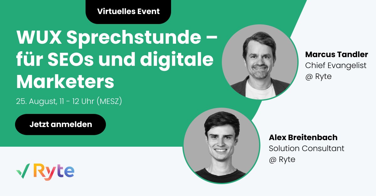 Ryte_DE's tweet photo. Unsere WUX Sprechstunde rückt näher! Am Donnerstag hast Du die Gelegenheit, Deine #SEO-Fragen und #WUX-Probleme mit unseren Experten zu diskutieren.
Melde Dich jetzt an und sichere Dir Deinen Platz:
https://t.co/zLRVyW5ZSL
#HelpHour #WebsiteUserExperience #OnlineMarketing https://t.co/fZ1xHfcD7l