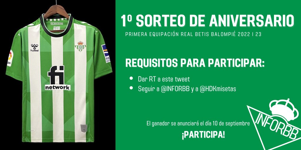 ¿Quieres una camiseta (primera equipación) del Real Betis? 

Puedes conseguirla siguiendo estos pasos:

- Haz RT a este tweet
- Sigue a <a href="/InfoRBB/">Info Real Betis</a> y <a href="/HDKmisetas/">Kmisetas HD 💯 🔝</a> 

Ganador: 10 de septiembre

#XAniversarioInfoRBB