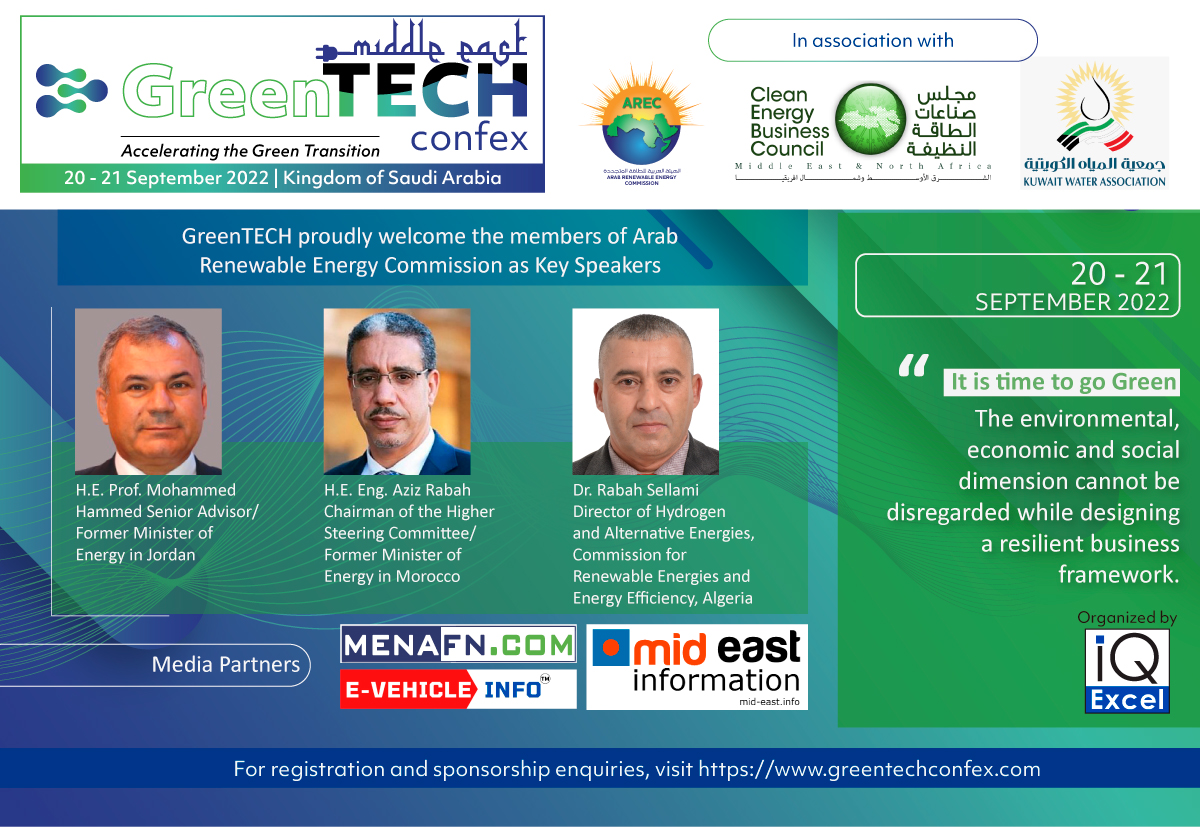 iqexcel's tweet image. Save the date. 20-21 September 2022,
Le Meridien Al Khobar

We are honored to welcome the Elite members of Arab Renewable energy Commission (AREC) to GreenTECH.

@CEBC2 @MENAFNArabic

View the program agenda and Register NOW:
greentechconfex.com/agenda/