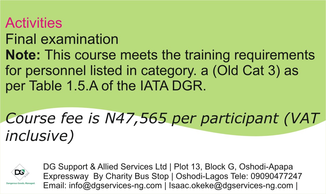 DgAllied's tweet photo. Dangerous Goods Regulations Cat 3 training starts 7th of Sept.Get trained by a professional instructor.Check details on the pictures attached to this post #cargoagents #Shippers #Packers #freightforwarder #BBNaija #dgr #dangerousgoods #logistics #transportation #Lagos #whatsapp https://t.co/HZ9nvIbFO0