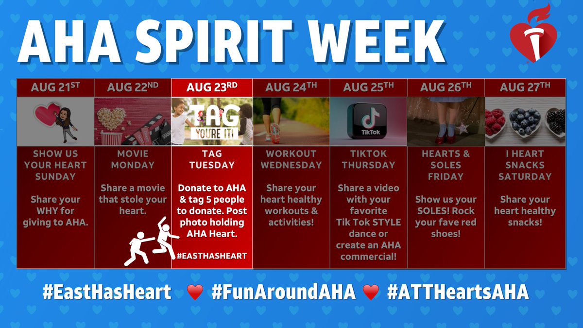 Retail_Markets's tweet photo. TAG! You’re it! 🏃♀️🏃🏻Our AHA Spirit Week celebrations continue with Tag Tuesday.
Donate to AHA & tag 5️⃣ friends to donate.
Show us how #EastHasHeart by posting a selfie🤳 with an AHA ♥️!
9️⃣ days left to donate! #FunAroundAHA #ATTheartsAHA #LifeAtATT https://t.co/ucfm2REtMx