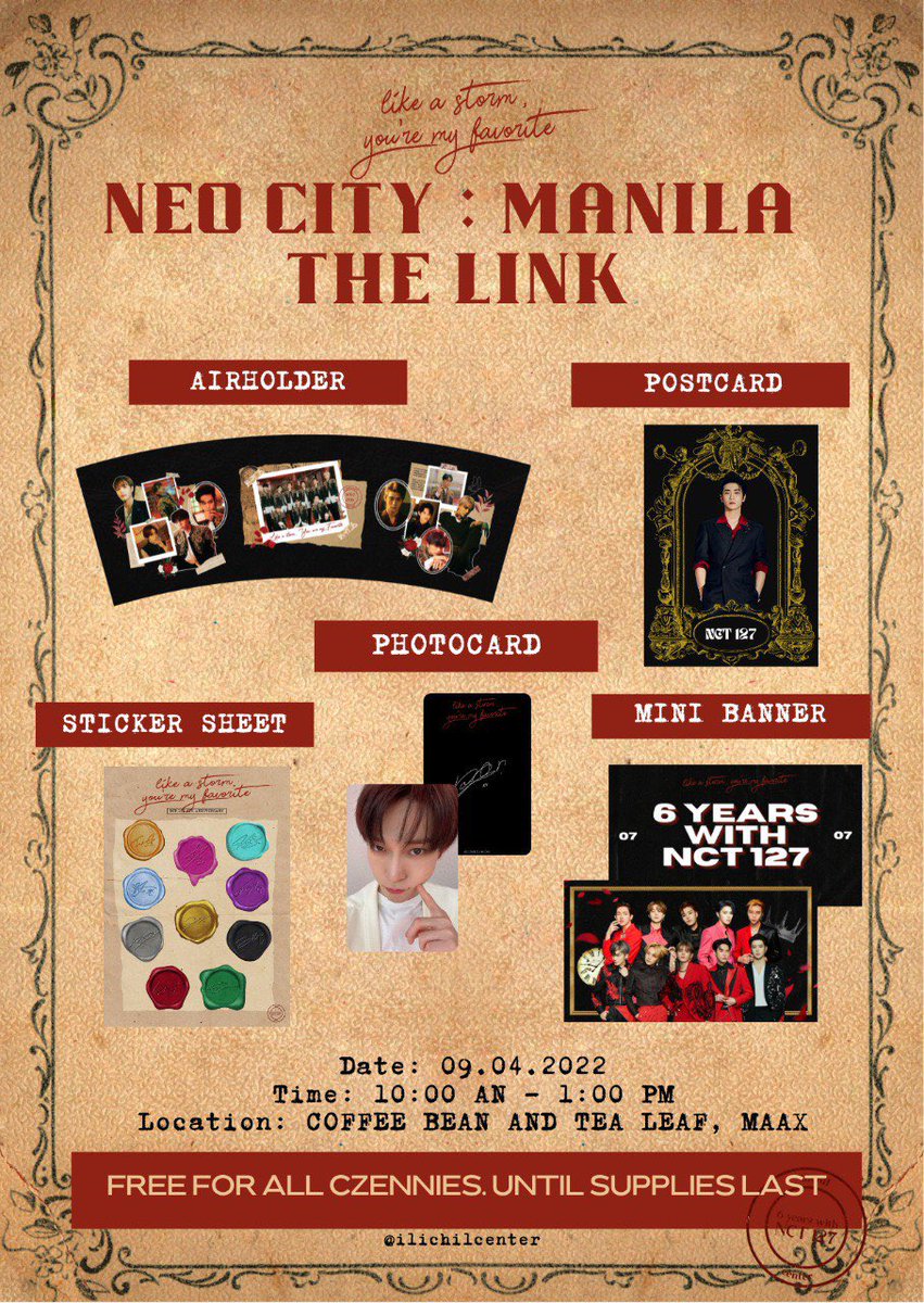 ilichilcenter's tweet photo. NCT 127 The Link in Manila fan support by @ilichilcenter 

🗓 9/4/2022
⏰ 10 am - 1 pm
📍 CBTL, MAAX

Free for all Czennies, until supplies last!

See you all soon! 🥰

#NCT127inManila #NCT127TheLinkinManila https://t.co/zJiMgOY9Wq