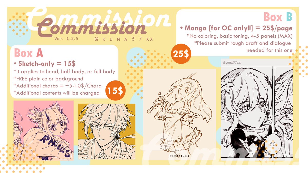 [ OPEN COMMISSION!! ] 🎨🖌️🎉🔸🔸
Hi~ I'm currently opening a comms, 4 vacant slots! Comment here / DM me if you're interested, feel free to ask/discuss it with me first ♪
#opencommissions #artcommissions
Like and RTs are really appreciated! Thank you~~
\ʕ *'∀`* ʔ/✨ 