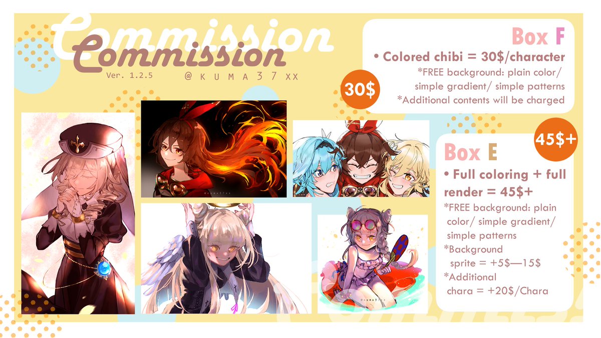 [ OPEN COMMISSION!! ] 🎨🖌️🎉🔸🔸
Hi~ I'm currently opening a comms, 4 vacant slots! Comment here / DM me if you're interested, feel free to ask/discuss it with me first ♪
#opencommissions #artcommissions
Like and RTs are really appreciated! Thank you~~
\ʕ *'∀`* ʔ/✨ 