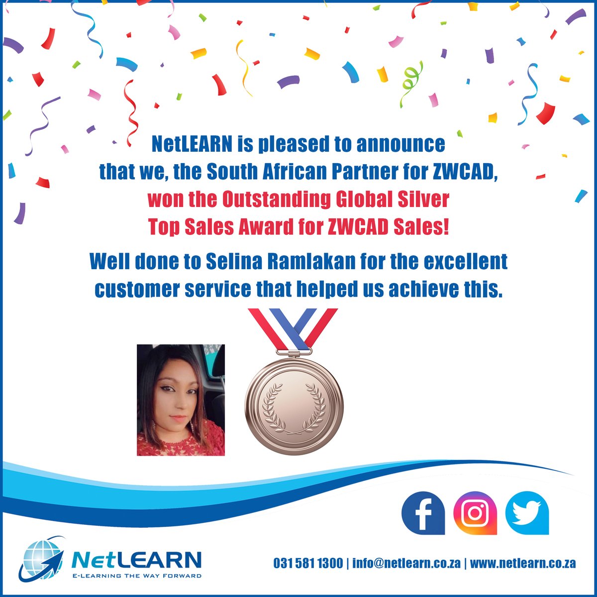 NetLEARN_SA's tweet photo. An achievement for NetLEARN! Well Done Selina! Thank You @ZWSOFT  for the recognition. #zwsoft #zwcad #netlearn #globalaward #topsales #southafrica #proudlysouthafrican #zwcadpartner https://t.co/tMi6FHdsfJ