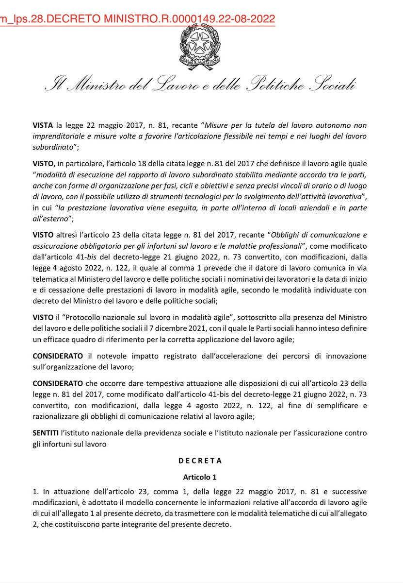 dott_olivieri's tweet photo. Con DM n. 149 del 22 agosto 2022 sono recepite le disposizioni di cui alla L.122/22, art 41bis, con cui la semplificazione della comunicazione telematica relativa allo #smartworking  viene strutturalmente estesa agli #accordi individuali #stipulati o #modificati dal 01/09/22. https://t.co/jdx8mI1XSh