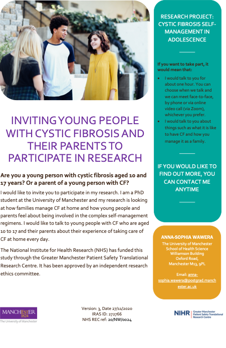 I’m looking for young people with Cystic Fibrosis aged 10-17 years and/or their parents who would like to take part in my PhD research study. If interested, please see the advert below for further information #cysticfibrosis @officialUoM @PSTRC_GM @NIHRresearch