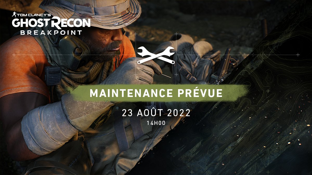 🛠️ Maintenance 🛠️

Jeu : Ghost Recon Breakpoint
Date : 23 août à 14h00
Durée approximative : 30 minutes
Plateforme : uniquement Playstation 

Plus de détails ici >> ubi.li/Exf8q
