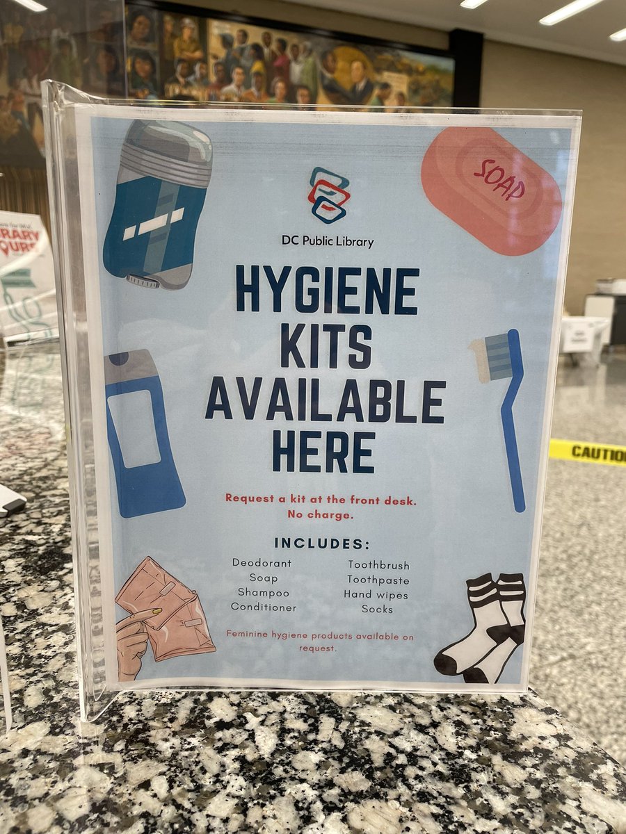 dcpl's tweet photo. Friendly Reminder: Hygiene Kits are available at DC Public Library. 

Request a kit at the front desk. No charge. https://t.co/fbImhrSbYJ